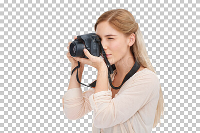 Buy stock photo Photographer, camera focus and woman shooting creative memory picture, photoshoot session or travel view. Holiday tourist, artistic shot and freelance person isolated on transparent, png background