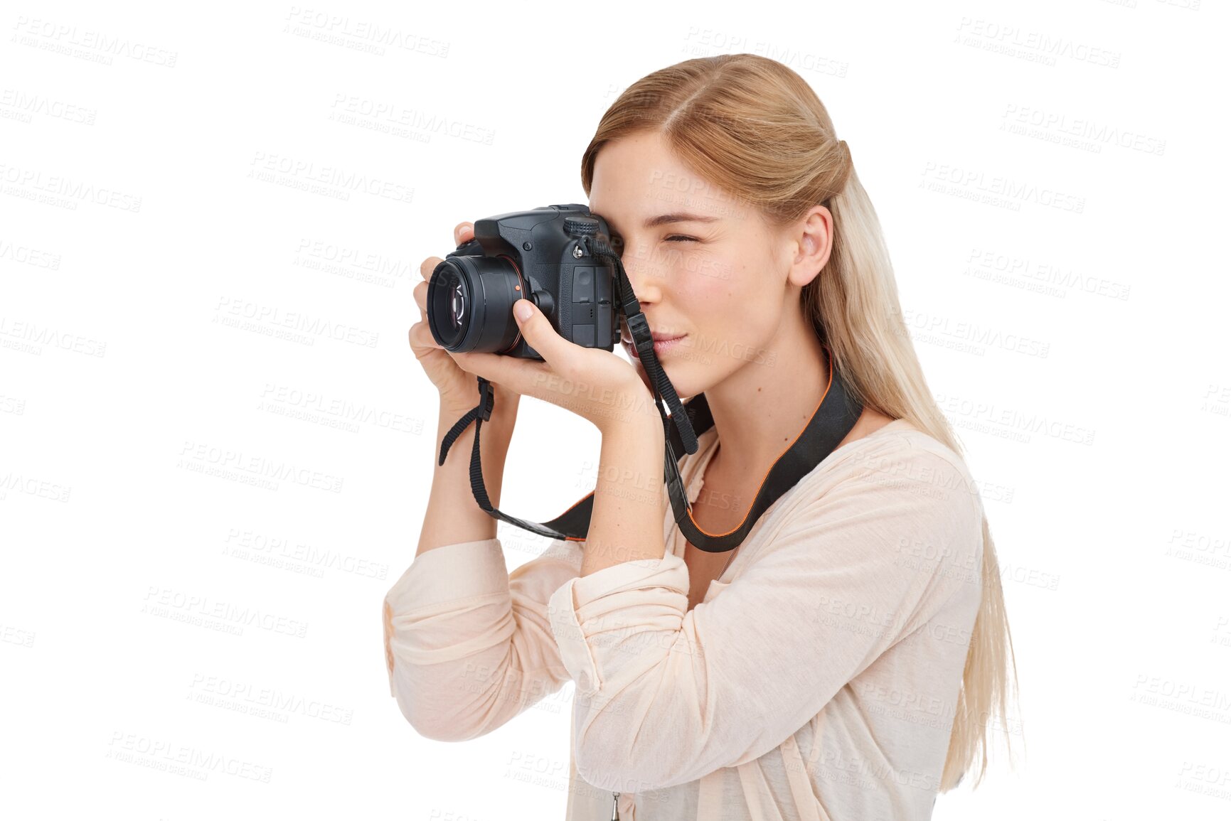 Buy stock photo Photographer, camera focus and woman shooting creative memory picture, photoshoot session or travel view. Holiday tourist, artistic shot and freelance person isolated on transparent, png background