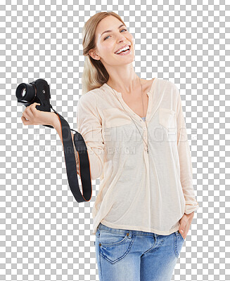 Buy stock photo Camera, woman and photographer portrait, smile and happy for creative picture, photoshoot or freelance job experience. Confidence, photography and media person isolated on transparent, png background