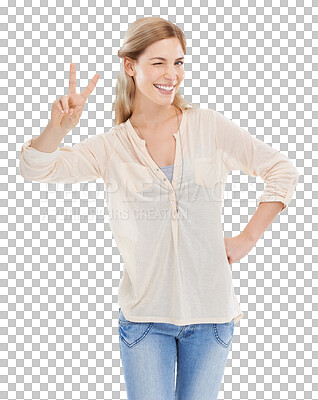 Buy stock photo Woman with peace sign, wink and portrait isolated on transparent png background with fun emoji. Happiness, smile and face of student girl with v hand gesture in agreement, yes and positive opinion.