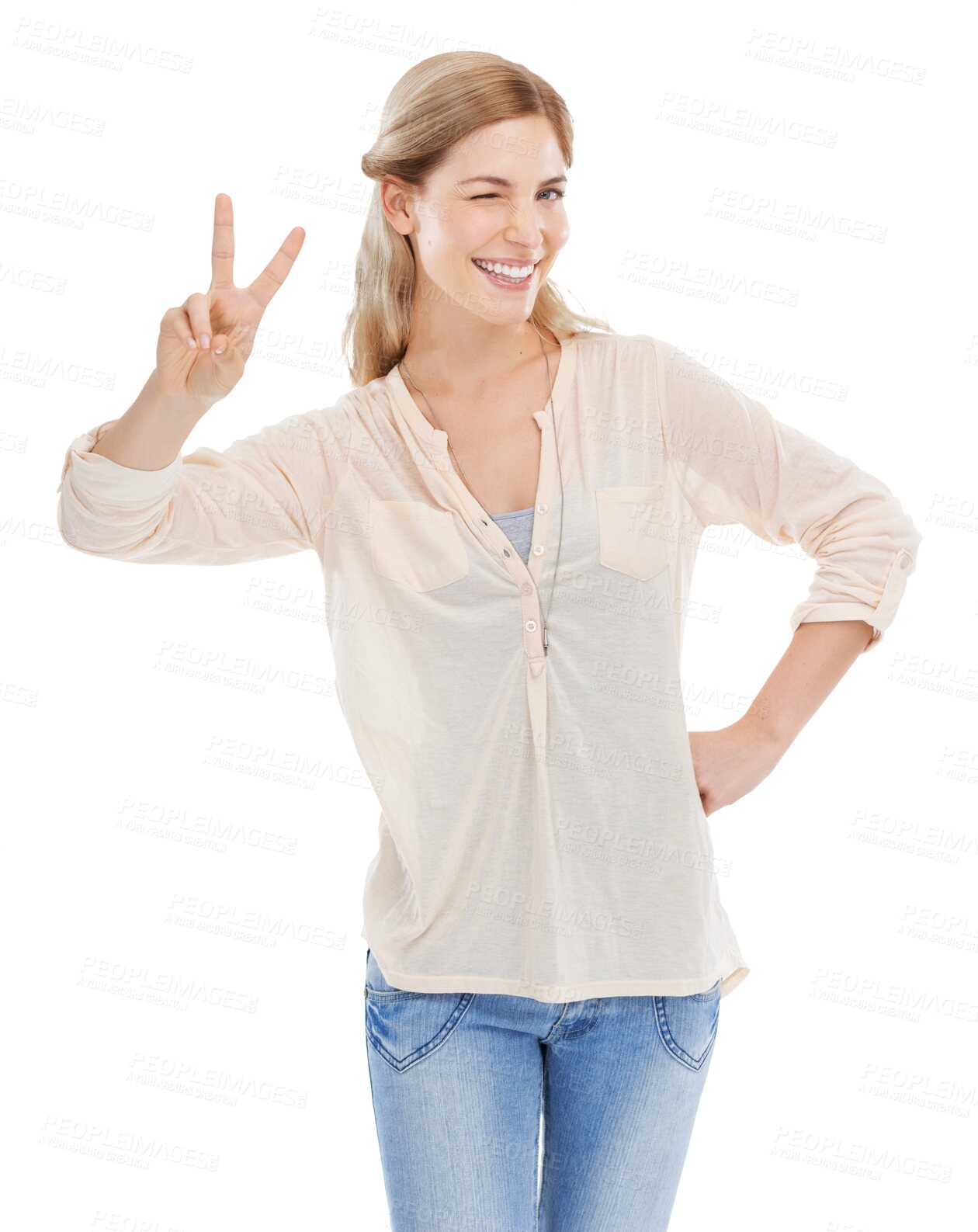 Buy stock photo Woman with peace sign, wink and portrait isolated on transparent png background with fun emoji. Happiness, smile and face of student girl with v hand gesture in agreement, yes and positive opinion.