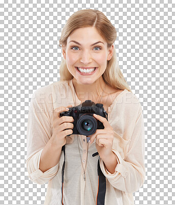 Buy stock photo Isolated photographer woman, camera and smile for shooting, creativity and art by transparent png background. Girl, photography and journalist job for newspaper, magazine and happy for photoshoot