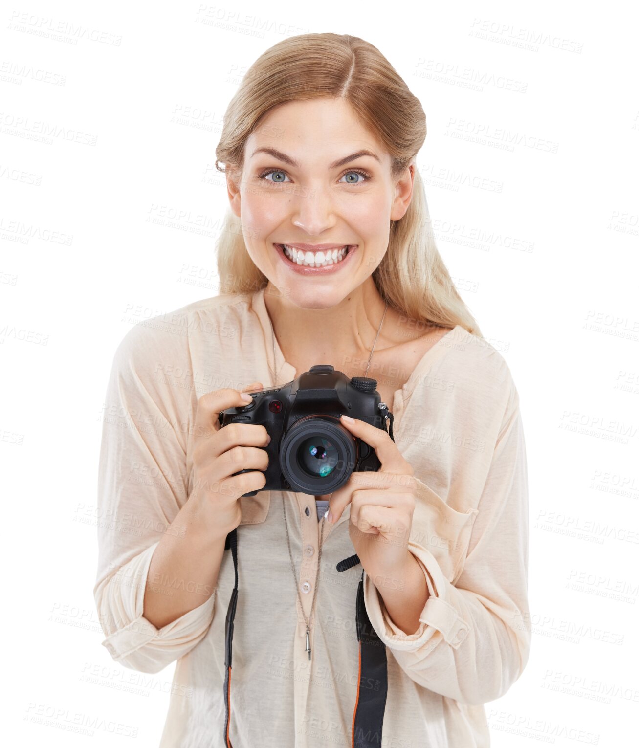 Buy stock photo Isolated photographer woman, camera and smile for shooting, creativity and art by transparent png background. Girl, photography and journalist job for newspaper, magazine and happy for photoshoot