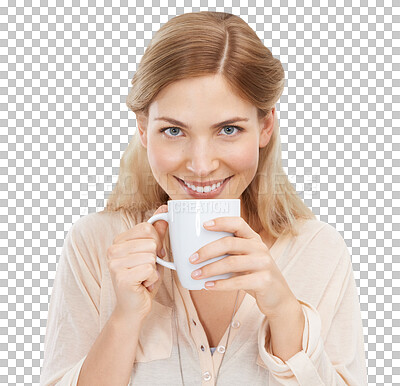 Buy stock photo Isolated woman, portrait and drink from tea cup, breakfast and happy by transparent png background. Girl, holding mug and smile on face for coffee, latte or hot chocolate for beverage with fashion