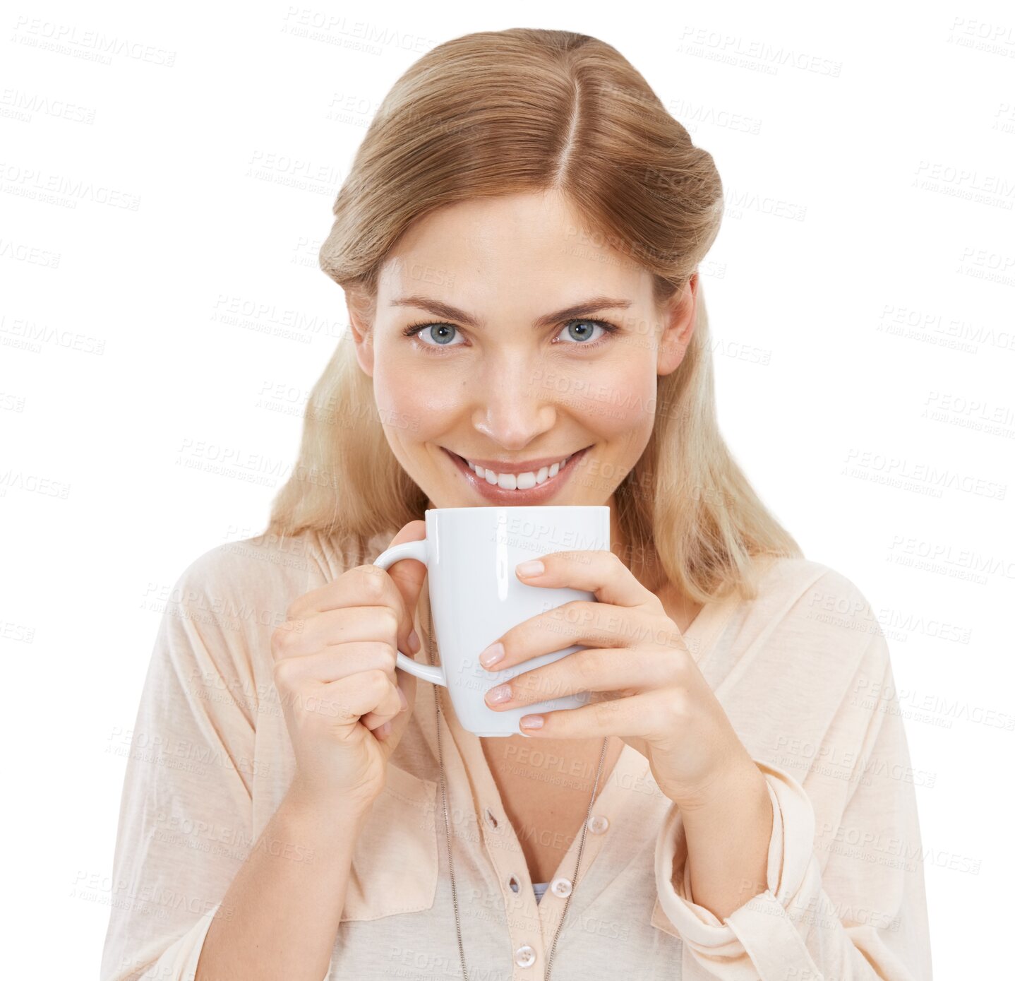 Buy stock photo Isolated woman, portrait and drink from tea cup, breakfast and happy by transparent png background. Girl, holding mug and smile on face for coffee, latte or hot chocolate for beverage with fashion