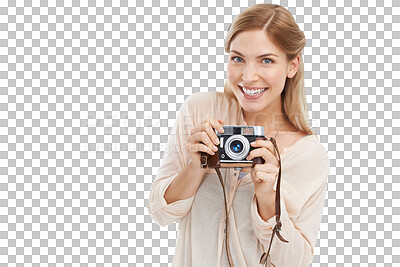 Buy stock photo Isolated photographer woman, retro camera and smile for shooting, creativity or art by transparent png background. Girl, photography and journalist job for newspaper, magazine or paparazzi photoshoot