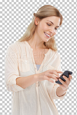 Buy stock photo Phone, happy and woman typing online for social media on png and transparent background. Communication, networking and isolated person on cellphone for chatting, browse website and text message