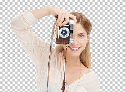 Buy stock photo Isolated photographer woman, camera and vintage tech in portrait, creative or art by transparent png background. Girl, photography and journalist job for newspaper, magazine or paparazzi photoshoot