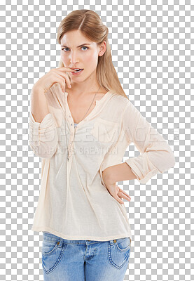 Buy stock photo Woman, bite and finger for thinking in portrait for decision, choice or doubt by unsure expression on face. Sweden, female model or emoji for hand, serious or isolated on a transparent png background