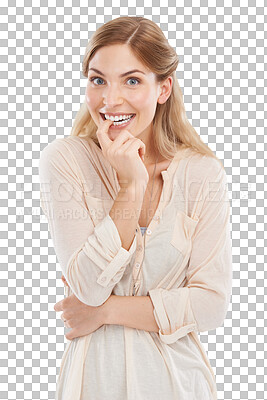 Buy stock photo Portrait, nervous and woman with news, excited and announcement isolated on a transparent background. Person, model and girl with gossip, facial expression and reaction with png, emotion and wow