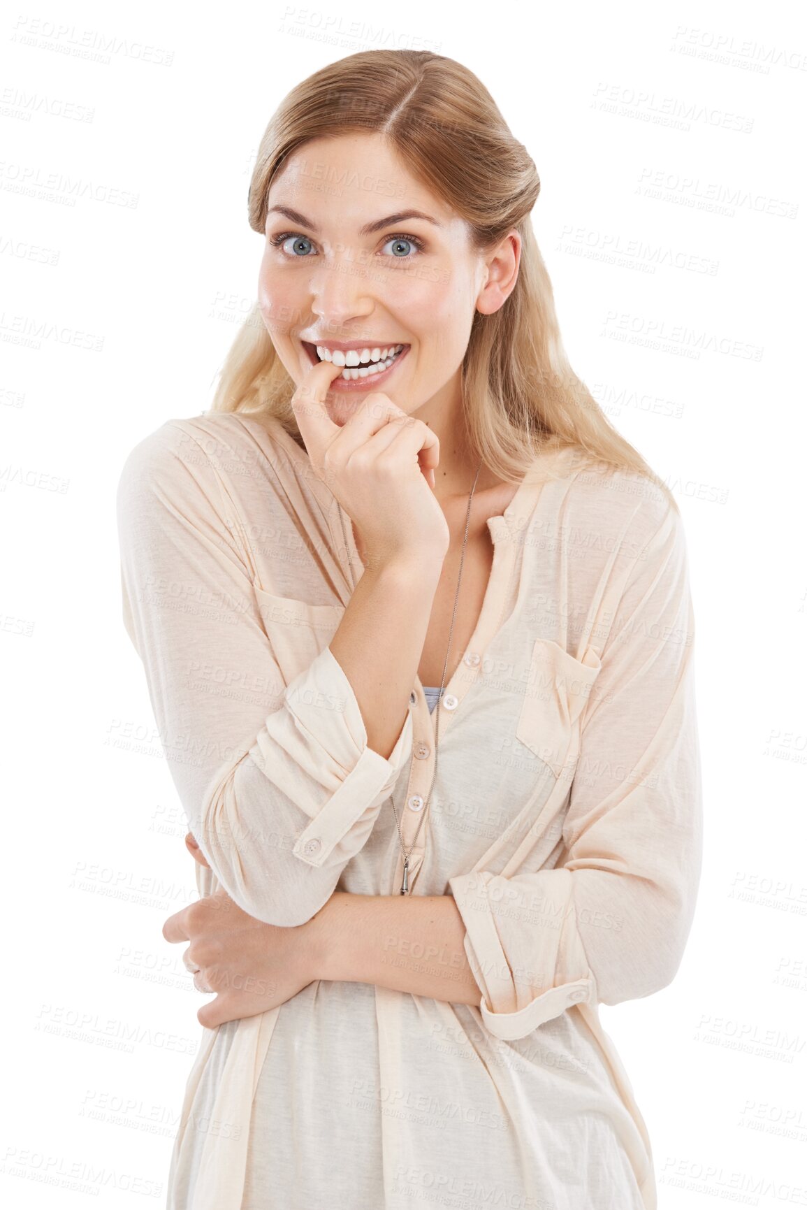 Buy stock photo Portrait, nervous and woman with news, excited and announcement isolated on a transparent background. Person, model and girl with gossip, facial expression and reaction with png, emotion and wow