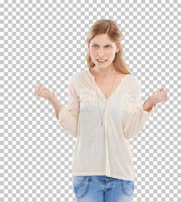 Buy stock photo Isolated woman, anger and frustrated with fist for stress, depression and thinking by transparent png background. Young person, anxiety and angry with mental health, scared and fear with bad memory