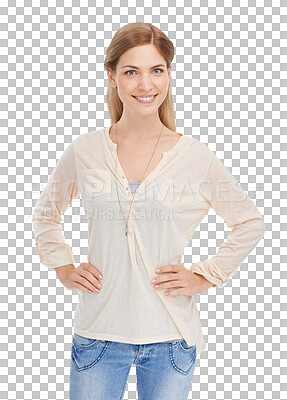 Buy stock photo Portrait, smile and fashion with a casual woman isolated on a transparent background for trendy style. Model, satisfaction or confidence and a natural young person on PNG in a relaxed clothes outfit