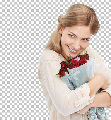 Buy stock photo Isolated woman, smile and bouquet of roses, thinking and hug for present by transparent png background. Girl, flowers and happy for valentines day, birthday or celebration with pride, gift and love