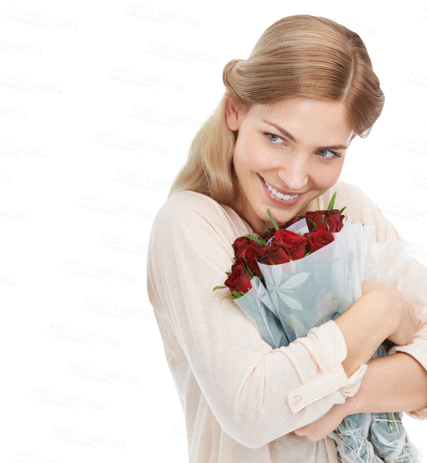 Buy stock photo Isolated woman, smile and bouquet of roses, thinking and hug for present by transparent png background. Girl, flowers and happy for valentines day, birthday or celebration with pride, gift and love