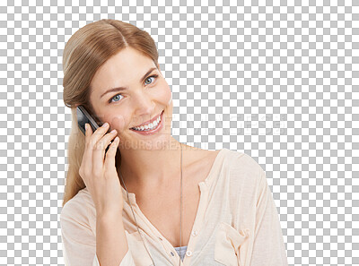 Buy stock photo Phone call, talking and portrait of woman online for conversation on png and transparent background. Communication, networking and isolated person on cellphone for chatting, contact and connection