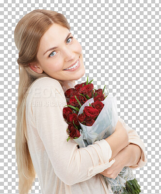 Buy stock photo Isolated woman, happy and bouquet of roses, portrait and hug for present by transparent png background. Girl, flowers and smile for valentines day, birthday or celebration with pride, gift and love