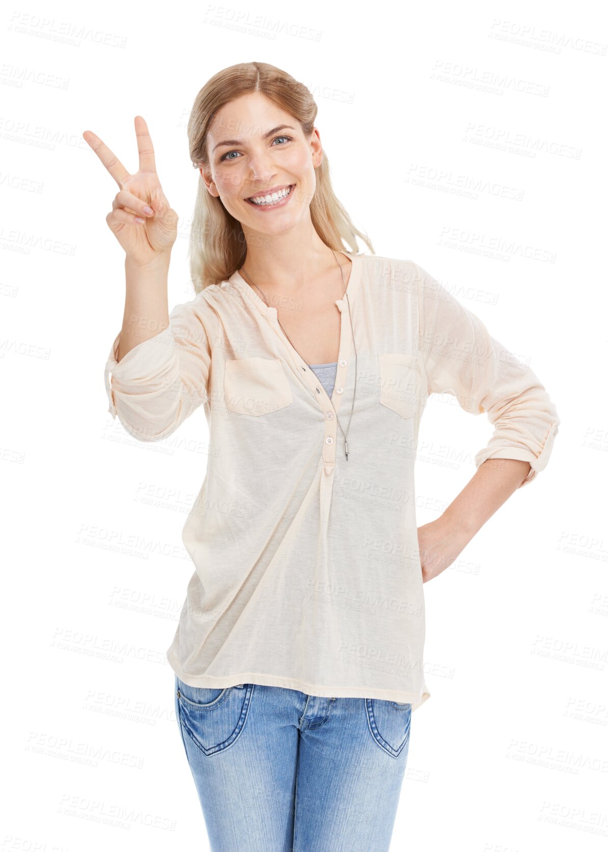 Buy stock photo Happy woman with peace sign, portrait and isolated on transparent png background with funny emoji. Vote, smile and face of student girl with v hand gesture in agreement, yes and positive opinion.