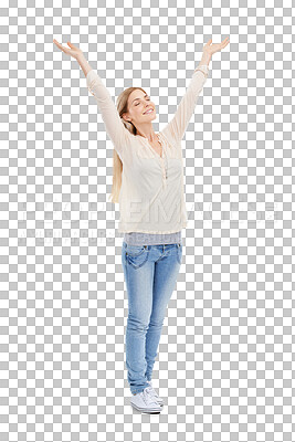 Buy stock photo Isolated woman, celebration and hands in air with smile, eyes closed and stretching by transparent png background. Winner girl, happy and thinking with goals, achievement and excited for vision