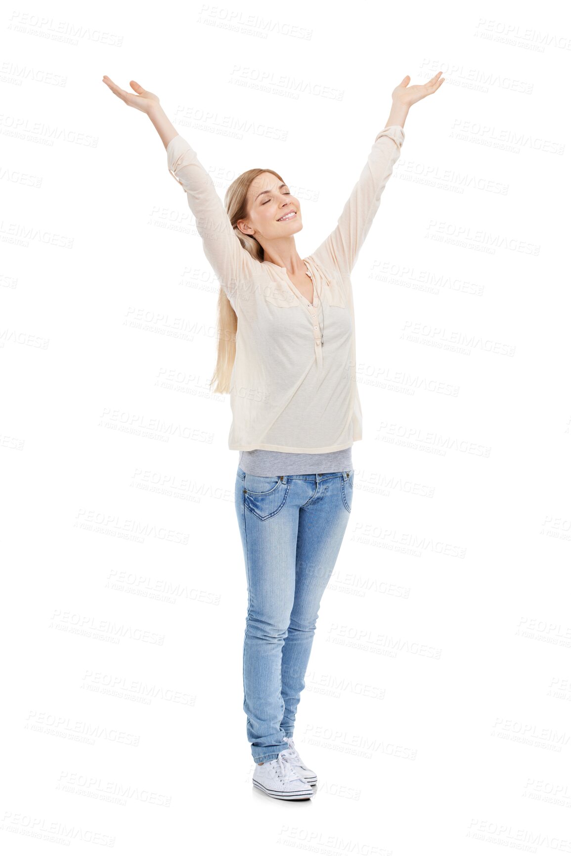 Buy stock photo Isolated woman, celebration and hands in air with smile, eyes closed and stretching by transparent png background. Winner girl, happy and thinking with goals, achievement and excited for vision