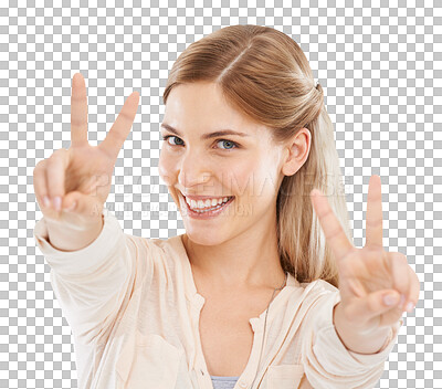 Buy stock photo Woman with peace sign, smile on face and isolated on transparent png background with fun emoji. Happiness, vote and student girl with v hand gesture in agreement, yes and positive opinion in portrait