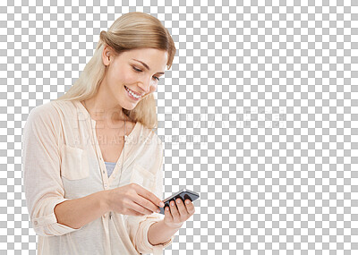 Buy stock photo Phone, mobile app and woman typing online for social media on png and transparent background. Communication, networking and isolated happy person on cellphone for chatting, contact and text message