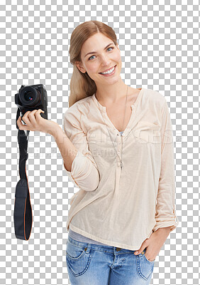 Buy stock photo Isolated photographer girl, camera and portrait with smile, creativity and art by transparent png background. Woman, photography and journalist job for newspaper, magazine and paparazzi photoshoot