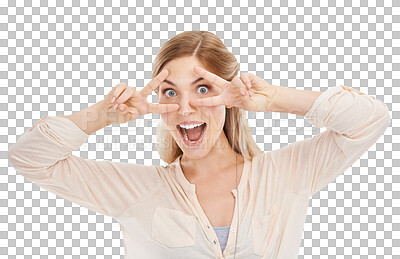 Buy stock photo Portrait, funny face and peace sign with a natural woman isolated on a transparent background looking goofy. Comic, silly and a happy or confident young model on PNG for fun, comedy or humor