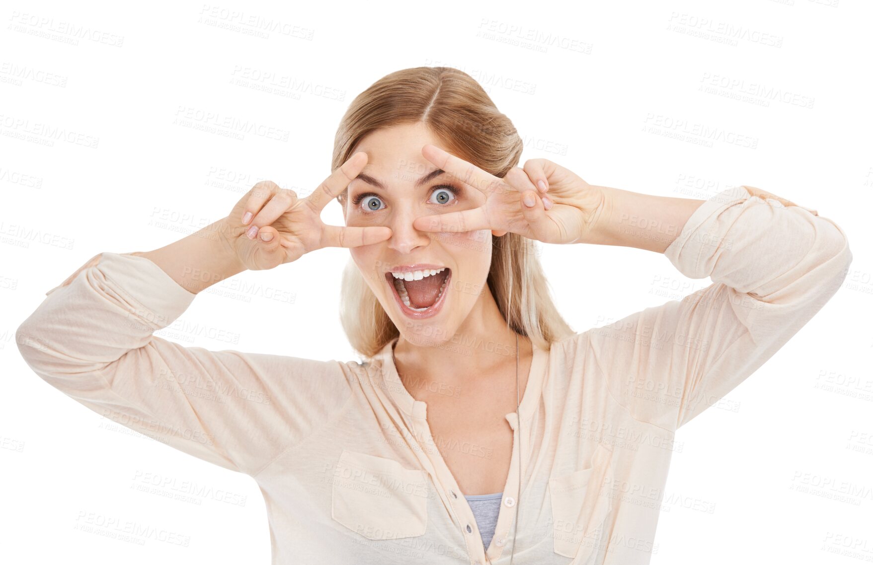 Buy stock photo Portrait, funny face and peace sign with a natural woman isolated on a transparent background looking goofy. Comic, silly and a happy or confident young model on PNG for fun, comedy or humor