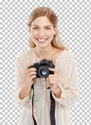 Buy stock photo Isolated photographer woman, camera and portrait for smile, creativity or memory by transparent png background. Girl, photography and journalist job for newspaper, magazine and paparazzi photoshoot