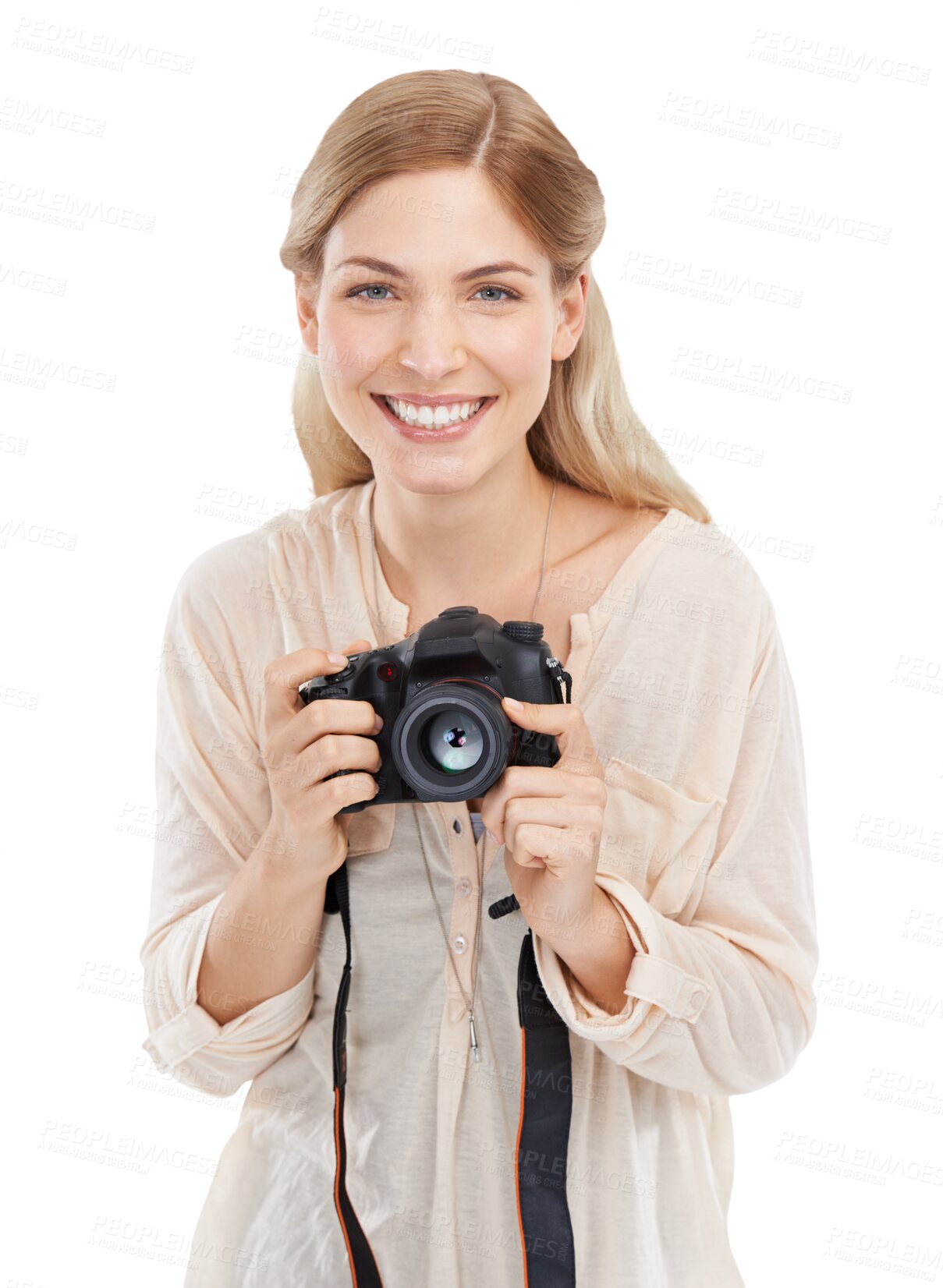 Buy stock photo Isolated photographer woman, camera and portrait for smile, creativity or memory by transparent png background. Girl, photography and journalist job for newspaper, magazine and paparazzi photoshoot