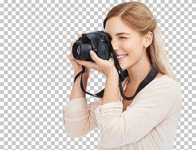 Buy stock photo Happy, photographer and woman with a camera, creative and tourism isolated on a transparent background. Person, model or photography with equipment, artistic and memory with png, happiness or picture