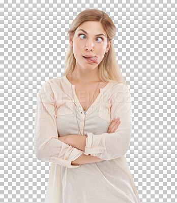 Buy stock photo Woman, silly and face with tongue out for funny, goofy or joke in casual, elegant and fashion. Female model, emoji or expression with arms crossed in pose on isolated or a transparent png background