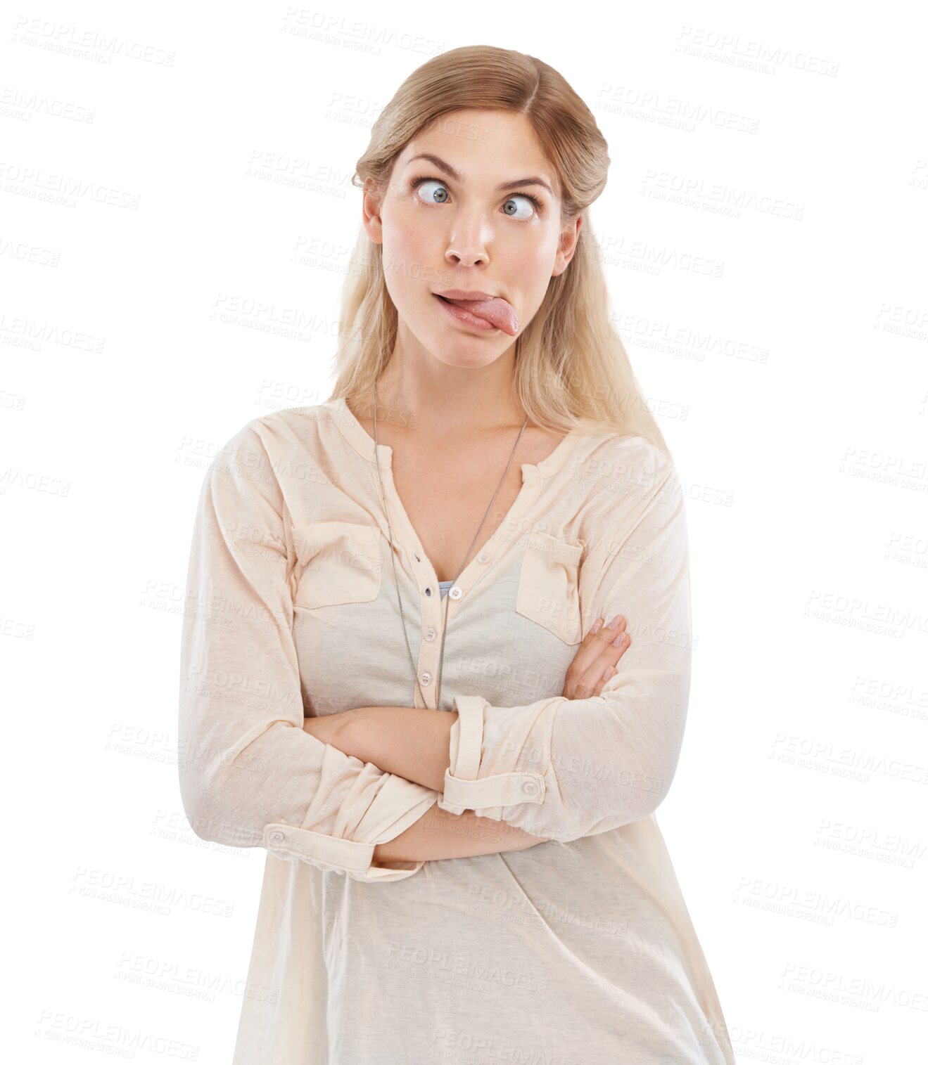 Buy stock photo Woman, silly and face with tongue out for funny, goofy or joke in casual, elegant and fashion. Female model, emoji or expression with arms crossed in pose on isolated or a transparent png background