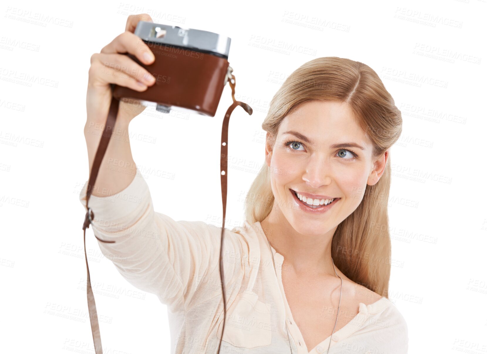 Buy stock photo Camera, woman and selfie with ok sign, memory and photographer isolated on transparent background. Person, tourism or model with travel, peace symbol and excited with happiness, photography or png