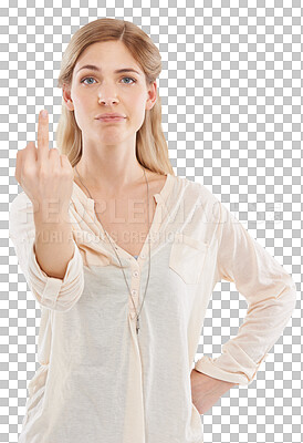 Buy stock photo Woman, face and portrait with middle finger for opinion, angry or frustrated with rude emoji. Sweden, model and pose with hate sign, problem or conflict on isolated or a transparent png background