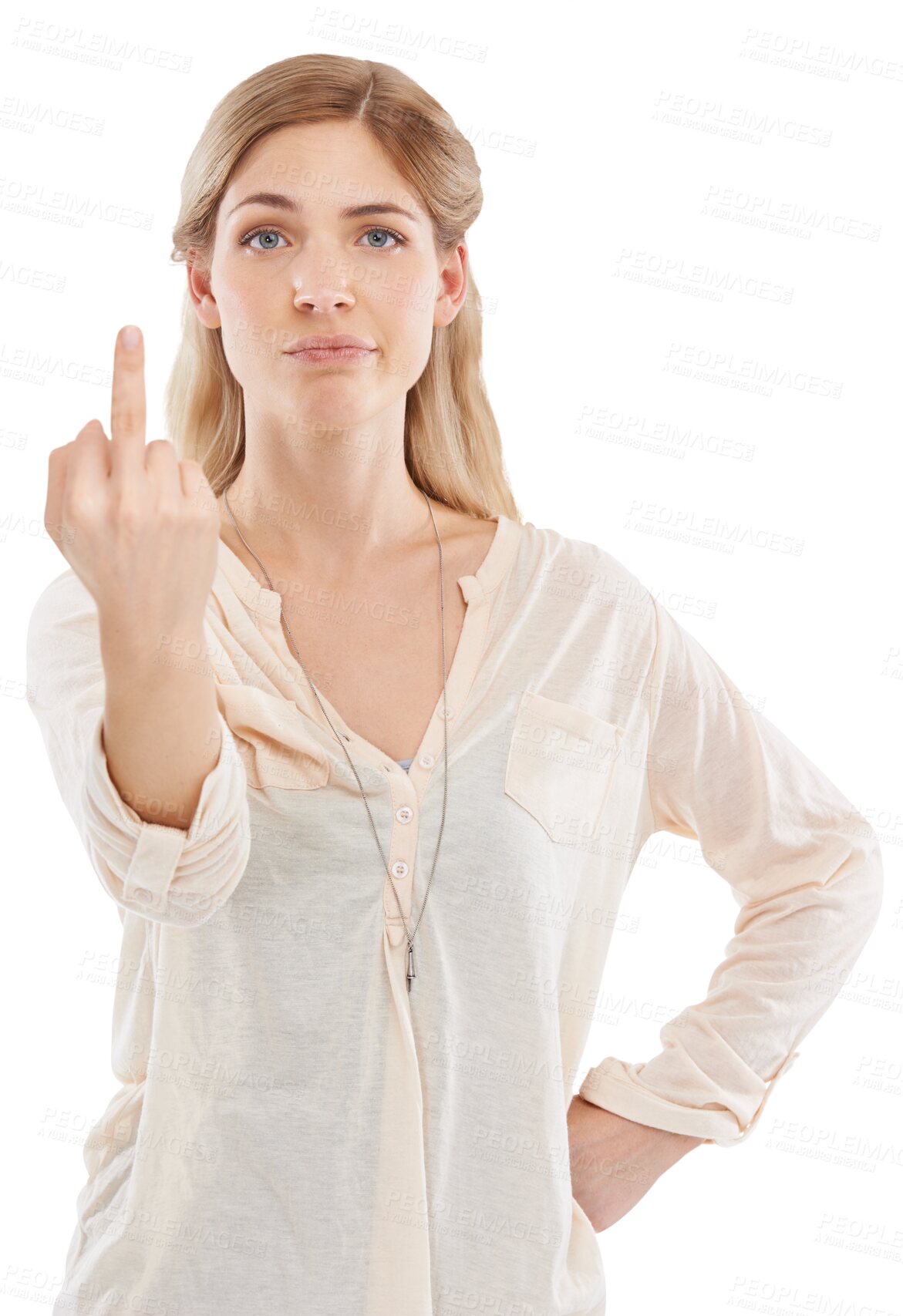 Buy stock photo Woman, face and portrait with middle finger for opinion, angry or frustrated with rude emoji. Sweden, model and pose with hate sign, problem or conflict on isolated or a transparent png background