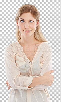 Buy stock photo Woman, funny face and eyes for joke, comic or goofy for casual, trendy or stylish fashion. Sweden, model and emoji with arms crossed, pose or expression on isolated or a transparent png background