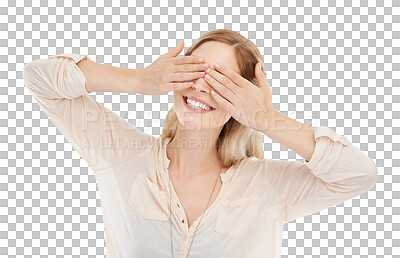 Buy stock photo Happy woman, smile and cover for peekaboo, surprise or game for fun, playful or joy in Sweden. Female model, hand and face in pose on isolated or a transparent png background for wow, reaction or shy