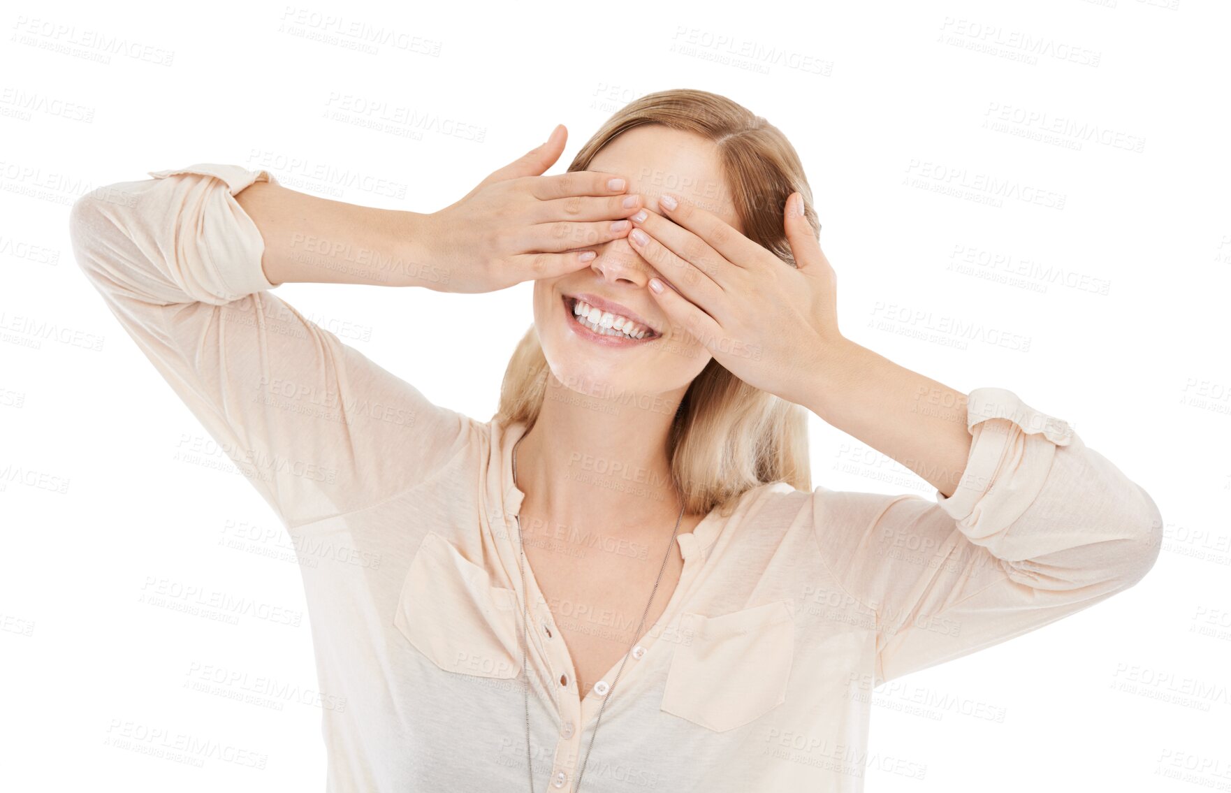 Buy stock photo Happy woman, smile and cover for peekaboo, surprise or game for fun, playful or joy in Sweden. Female model, hand and face in pose on isolated or a transparent png background for wow, reaction or shy