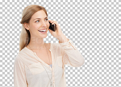 Buy stock photo Phone call, hello and happy woman online for conversation on png and transparent background. Communication, networking and isolated person talking on cellphone for chatting, contact and connection