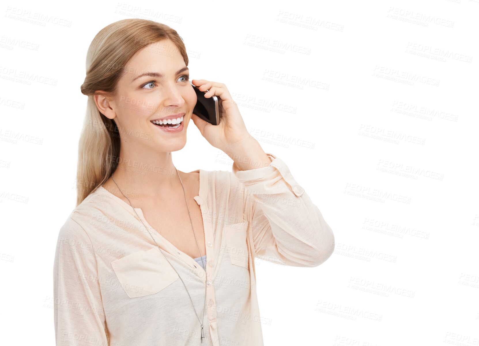 Buy stock photo Phone call, hello and happy woman online for conversation on png and transparent background. Communication, networking and isolated person talking on cellphone for chatting, contact and connection