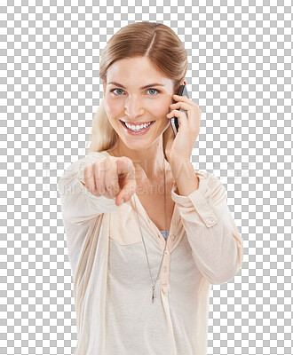 Buy stock photo Woman, phone call and portrait to point at you with smile, choice and isolated by transparent png background. Girl, smartphone and happy for networking, negotiation or deal with recruitment decision