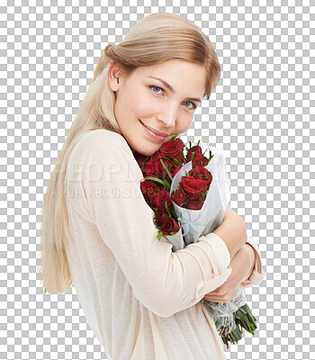 Buy stock photo Isolated woman, portrait and hug bouquet of roses, smile and present by transparent png background. Girl, flower bush and happy for valentines day, birthday or celebration with pride, gift and love