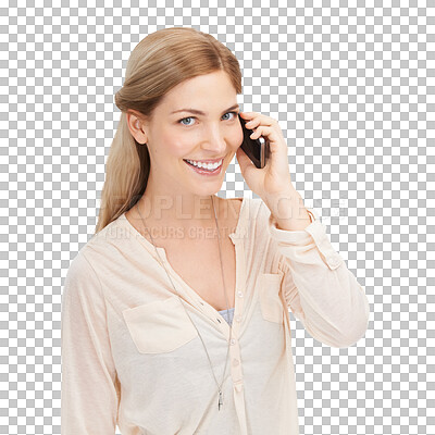 Buy stock photo Phone call, happy and portrait of woman online for conversation on png and transparent background. Communication, networking and isolated person on cellphone for chatting, contact and connection