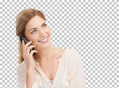 Buy stock photo Phone call, happy and woman online for communication on png and transparent background. Conversation, networking and face of isolated person on cellphone for chatting, internet contact and connection