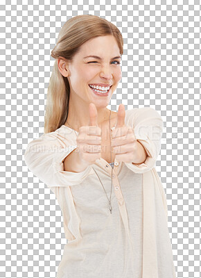 Buy stock photo Woman with thumbs up, wink and portrait isolated on transparent png background with fun emoji. Happiness, vote and face of student girl with yes hand gesture in agreement, icon and positive opinion.