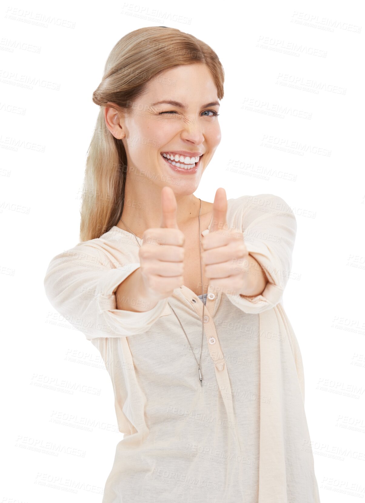 Buy stock photo Woman with thumbs up, wink and portrait isolated on transparent png background with fun emoji. Happiness, vote and face of student girl with yes hand gesture in agreement, icon and positive opinion.