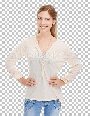 Buy stock photo Portrait, smile and fashion with a young woman isolated on a transparent background for casual style. Satisfaction, confidence and a natural or relaxed model on PNG in a trendy clothes outfit