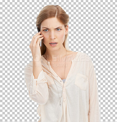 Buy stock photo Isolated woman, frustrated and confused on phone call with conversation by transparent png background. Girl, thinking and smartphone with anger, stress and questions for contact on mobile network